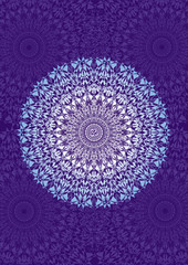 Openwork white-blue mandala with a sign of Aum (Om, Ohm) on a dark blue background. A graceful geometric pattern. Vector graphics.