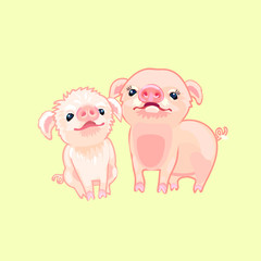 Two funny cartoon little cute homemade cartoon piggy