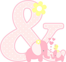 ampersand symbol with cute elephant and little baby elephant isolated on white. can be used for mother's day card, baby girl birth announcements, nursery decoration, party theme or birthday invitation