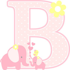 initial b with cute elephant and little baby elephant isolated on white. can be used for mother's day card, baby girl birth announcements, nursery decoration, party theme or birthday invitation
