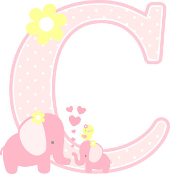 initial c with cute elephant and little baby elephant isolated on white. can be used for mother's day card, baby girl birth announcements, nursery decoration, party theme or birthday invitation