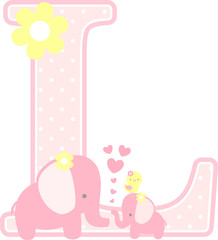 initial l with cute elephant and little baby elephant isolated on white. can be used for mother's day card, baby girl birth announcements, nursery decoration, party theme or birthday invitation