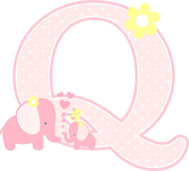 initial q with cute elephant and little baby elephant isolated on white. can be used for mother's day card, baby girl birth announcements, nursery decoration, party theme or birthday invitation