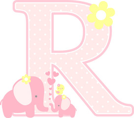 initial r with cute elephant and little baby elephant isolated on white. can be used for mother's day card, baby girl birth announcements, nursery decoration, party theme or birthday invitation