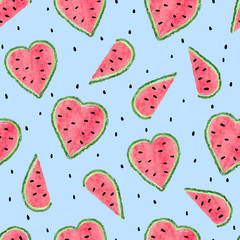 Seamless watermelon pattern. Vector summer background with watercolor heart shaped watermelon slices.