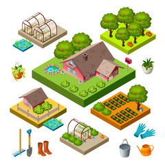 Garden  isometric elements. House with seedlings, gardening tools and flowers. Build your own collection. Vector illustration.