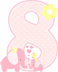 number 8 with cute elephant and little baby elephant isolated on white. can be used for mother's day card, baby girl birth announcements, nursery decoration, party theme or birthday invitation