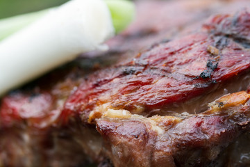 Hot, juicy, appetizing, moderately fried beef steak, cooked on the grill but outdoors. The theme of summer holidays is far from civilization.