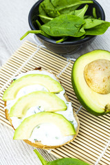 Avocado toast on wooden mat. Healthy diet concept.