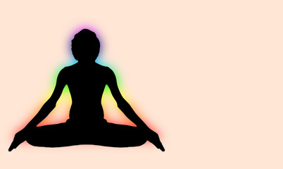 Yoga Meditation Pose with seven Energy Aura chakra around black body outline light isolated on pink with gradient illustration red orange yellow green blue purple deep indigo white space