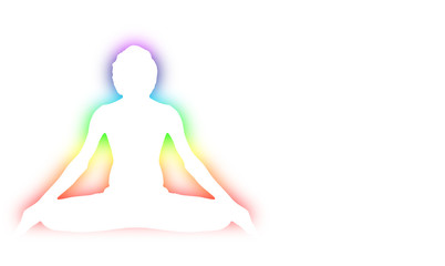 Yoga Meditation Pose with seven Energy Aura chakra around white body outline light isolated on white with gradient illustration red orange yellow green blue purple deep indigo white space