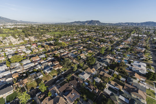 Aerial view of homes in the San Fernando Valley area of Los Angeles, California.