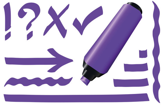 Purple fluorescent marker pen. Bright violet highlighter plus strokes and signs like call sign, question mark, tick mark and arrow. Isolated vector illustration on white background.