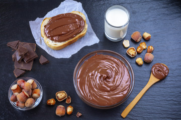 Breakfast with chocolate spread in glass bowl