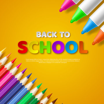 Back to school paper cut style letters with realistic colorful pencils and markers. Yellow background. Vector illustration.