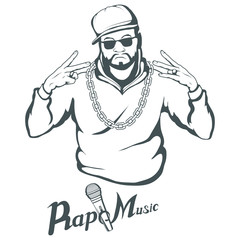 Rap music logo. Rapper skull on white background. Lettering with a microphone. Vector graphics to design. - obrazy, fototapety, plakaty