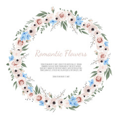 botanic card with wild flowers, leaves. Spring ornament concept. Floral poster, invite.