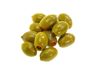 Stuffed olives with red paprika on white background 
