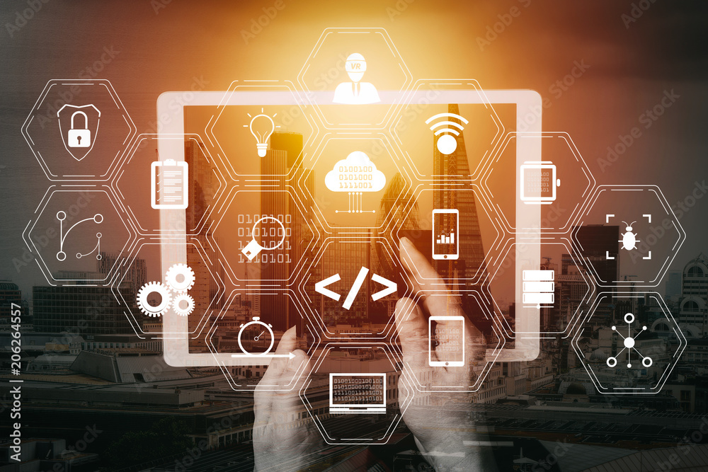 Poster cyber security internet and networking concept.Businessman hand working on mobile phone and digital tablet computer with building exposure