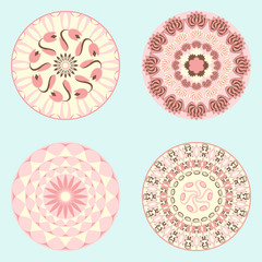 Vector set of from four circular patterns from abstract shapes and decorative flowers