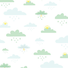 Clouds, rain and sun vector pattern - 206264541