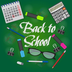 Fototapeta na wymiar Back to school text on green chalkboard. Banner template of school begining offer.