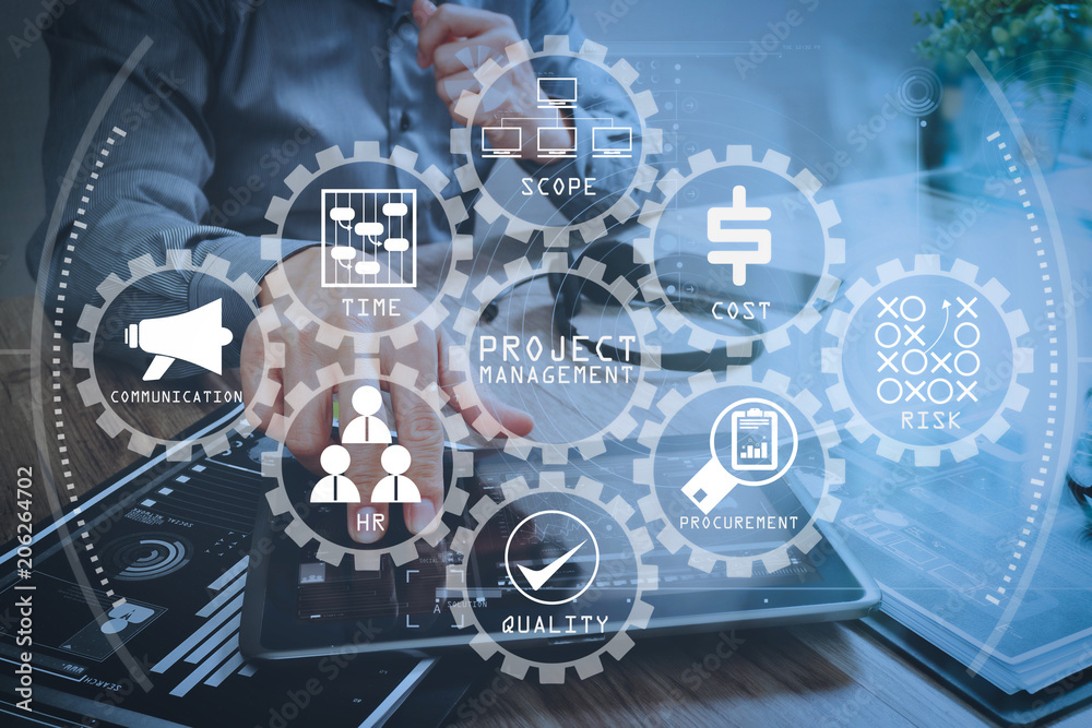 Poster businessman hand using voip headset with digital tablet computer,document,concept communication, it 