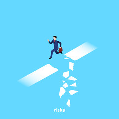 a man in a business suit jumps over a shattered section of the road, an isometric image