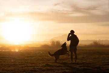 Silhouette of woman and dog walking on sunset or sunrise background.