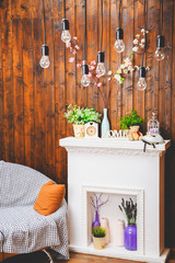 Obraz premium cozy home interior, clock, vase with flowers, toy bear, sofa