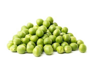 A bunch of green peas on a white, close-up.