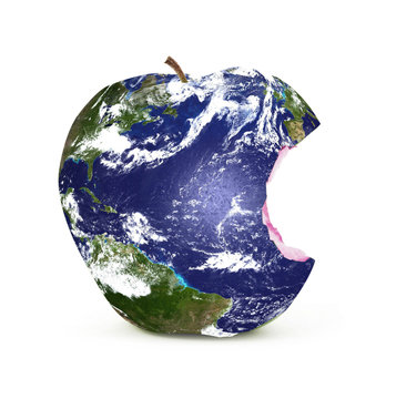 Planet earth shown as an apple with a bite teken out of it
