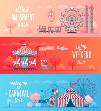 Set of Amusement park landscape banners