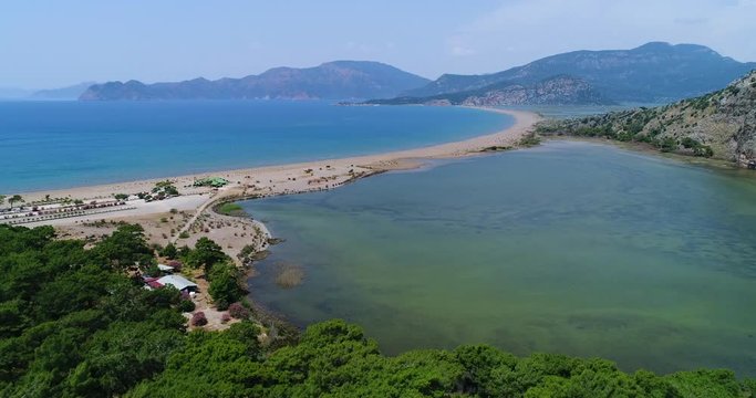 Aerial view. Iztuzu or &laquo;Turtle&raquo; Beach and delta of Dalyan river . Turkey, 4K.