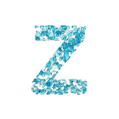 Alphabet letter Z uppercase. Liquid font made of blue water drops. 3D render isolated on white background.
