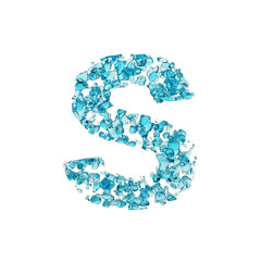 Alphabet letter S uppercase. Liquid font made of blue water drops. 3D render isolated on white background.