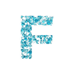 Alphabet letter F uppercase. Liquid font made of blue water drops. 3D render isolated on white background.