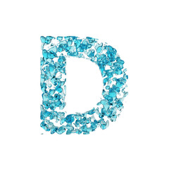 Alphabet letter D uppercase. Liquid font made of blue water drops. 3D render isolated on white background.