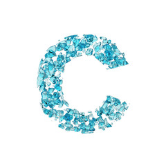 Alphabet letter C uppercase. Liquid font made of blue water drops. 3D render isolated on white background.