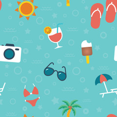 Seamless summer vacation color icons pattern on blue background