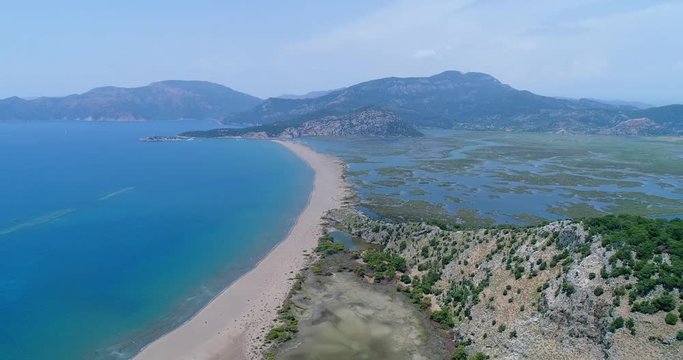 Aerial view. Iztuzu or &laquo;Turtle&raquo; Beach and delta of Dalyan river . Turkey, 4K.