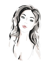 Hand drawn beautiful woman portrait. fashionable girl with curly hair. Sketch. Vector illustration.