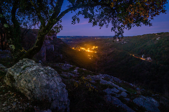 Valley of Autoire at night in the Causses du Quercy region in France