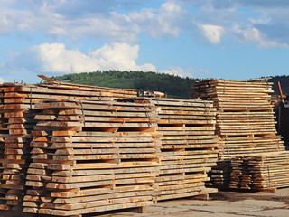 Large wooden planks stacked in racks for drying under the open sky in an industrial area. Timing of wood for carpentry. Manufacture of furniture and wood products. Getting rid of woody moisture.