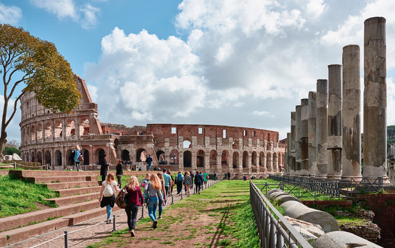 Fototapeta Colosseum, tourists visit the archaeological site