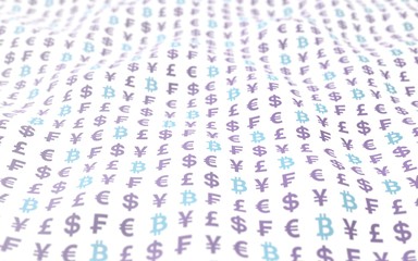 Bitcoin background. Cryptocurrency 3D illustration. Wave effect, currency market fluctuations. Digital currency symbol. Business concept