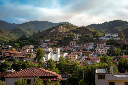 Picturesque view on Galata village with the Panagia Odigitria Church in the mioddle. Troodos mountain range. Nicosia District, Cyprus