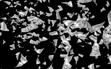 Flying dollars banknotes isolated on dark background. Money is flying in the air. 100 US banknotes new sample. Black and white style