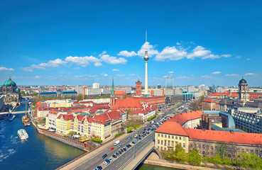 Aerial view of central Berlin on a bright day in Spring, including river Spree and television tower