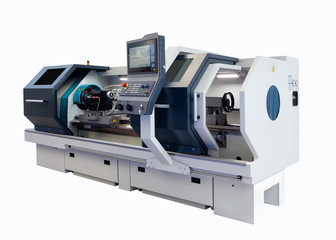Manufacturing CNC professional lathe machine isolated on a white background. Industrial concept.